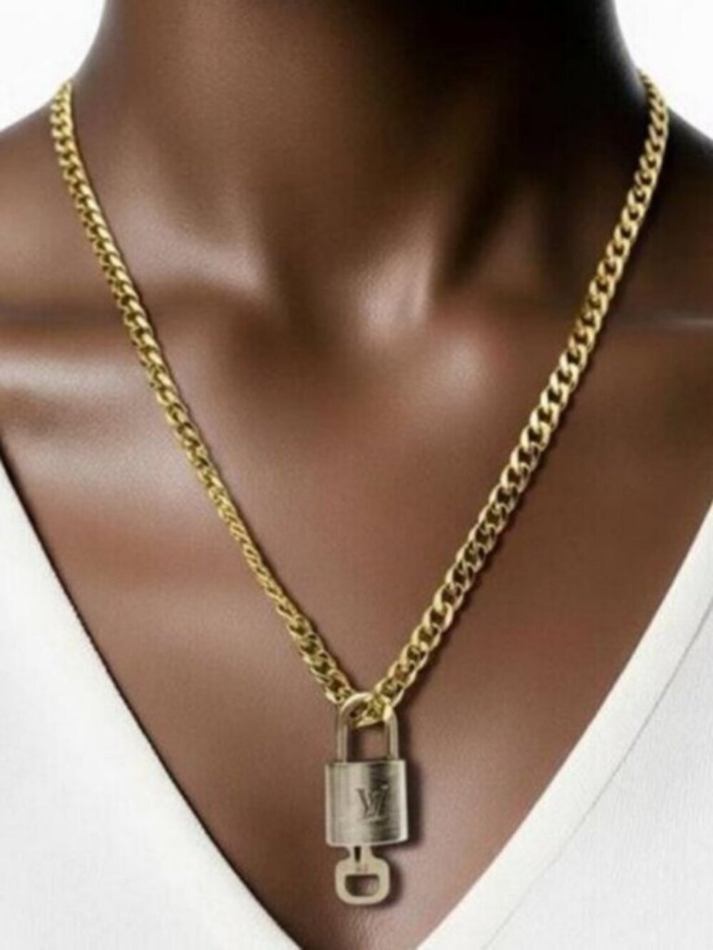 Stainless Steel Gold-Plated Necklace with Authentic Louis Vuitton Padlock